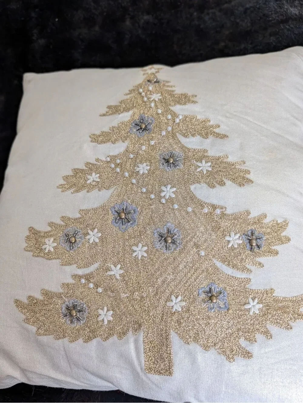Pier 1 decorative holiday throw pillow gold-beaded Christmas tree corner tassels